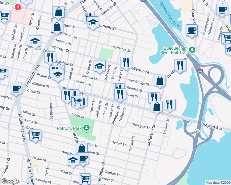 map of restaurants, bars, coffee shops, grocery stores, and more near 298 Smith Street in Fall River