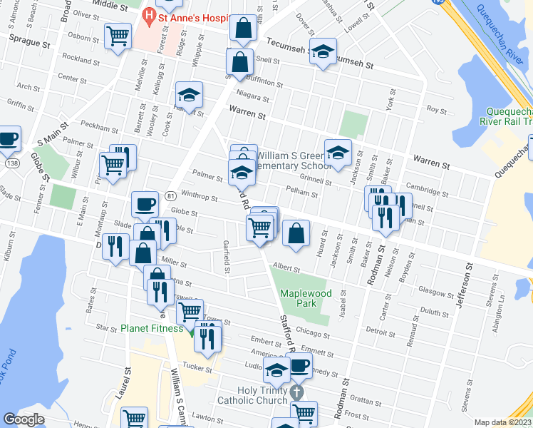 map of restaurants, bars, coffee shops, grocery stores, and more near 91 Pelham Street in Fall River