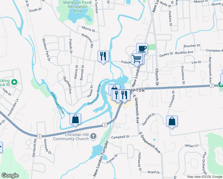 map of restaurants, bars, coffee shops, grocery stores, and more near 1735 Main Street in West Warwick