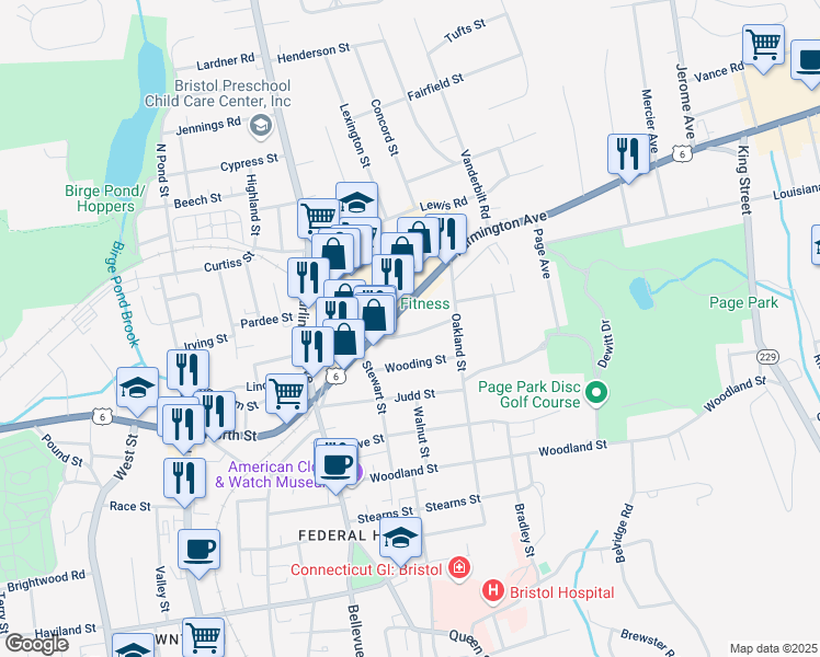 map of restaurants, bars, coffee shops, grocery stores, and more near 126 Farmington Avenue in Bristol