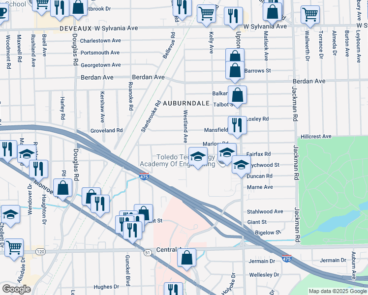 map of restaurants, bars, coffee shops, grocery stores, and more near 2120 Marlow Road in Toledo