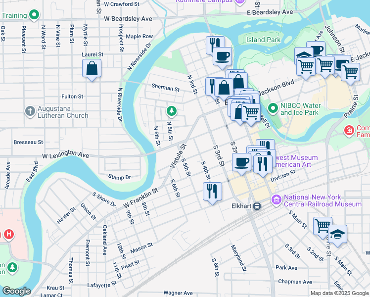 map of restaurants, bars, coffee shops, grocery stores, and more near 426 West Lexington Avenue in Elkhart