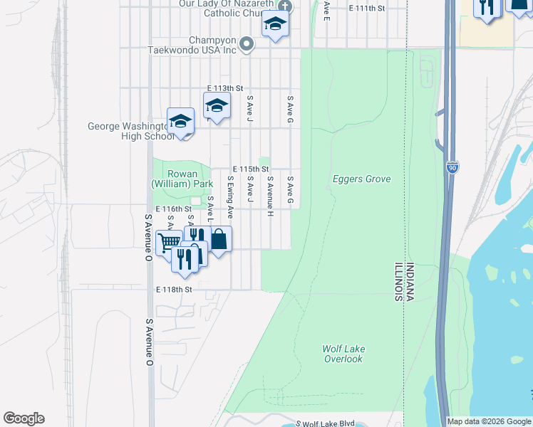 map of restaurants, bars, coffee shops, grocery stores, and more near 11549 South Avenue H in Chicago