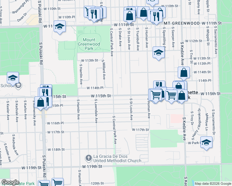 map of restaurants, bars, coffee shops, grocery stores, and more near 11450 South Drake Avenue in Chicago
