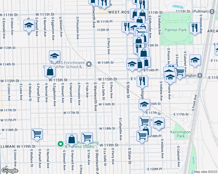 map of restaurants, bars, coffee shops, grocery stores, and more near 103 West 115th Street in Chicago