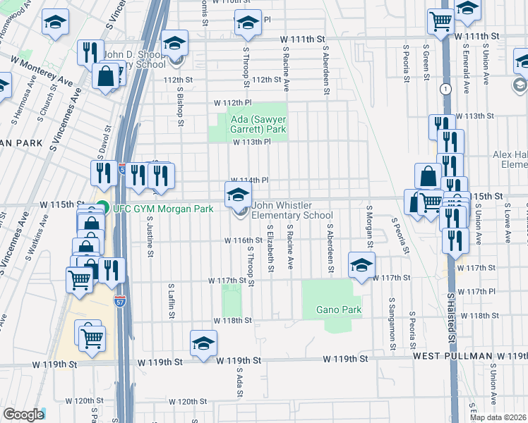 map of restaurants, bars, coffee shops, grocery stores, and more near 1256 West 115th Street in Chicago