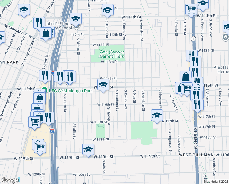 map of restaurants, bars, coffee shops, grocery stores, and more near 1256 West 115th Street in Chicago
