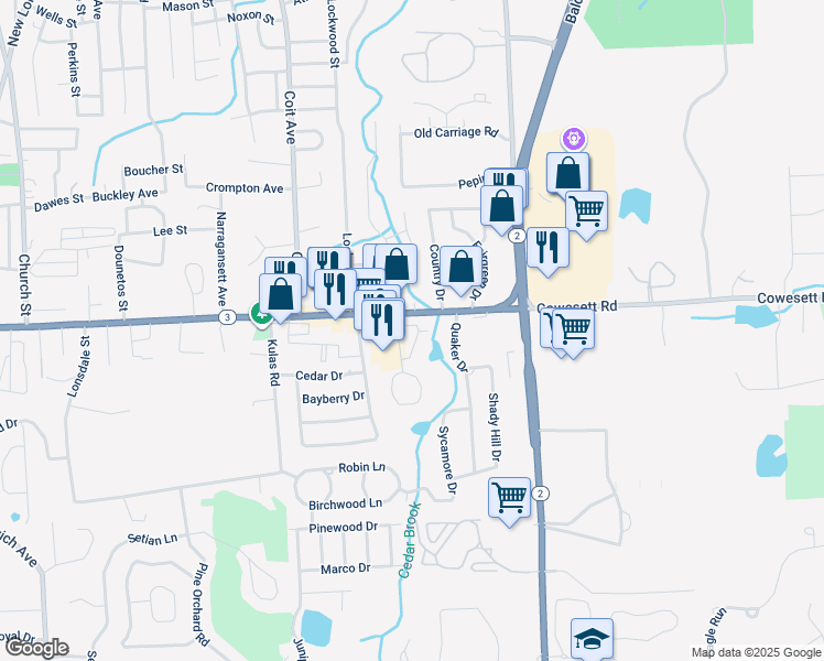 map of restaurants, bars, coffee shops, grocery stores, and more near 9 Village Court in West Warwick