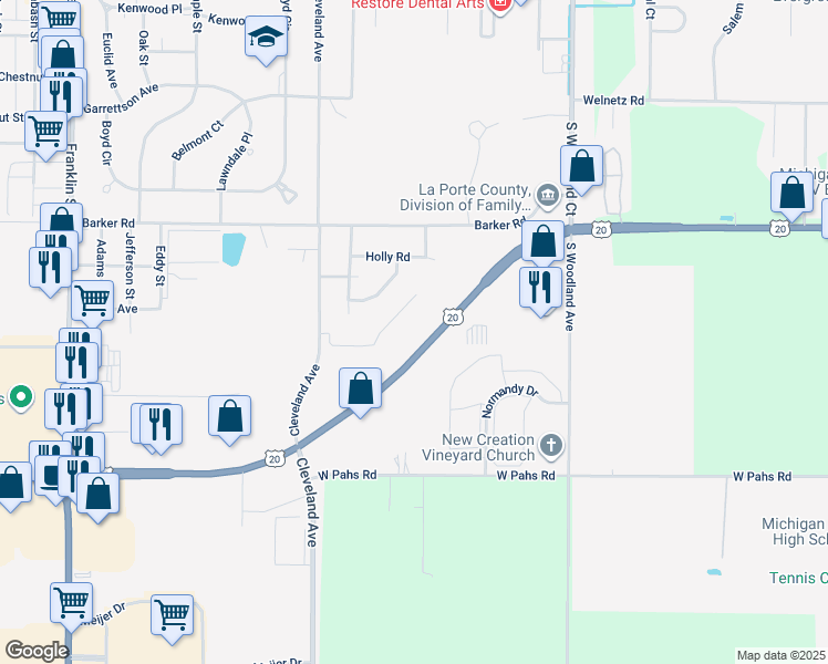 map of restaurants, bars, coffee shops, grocery stores, and more near 802 Highway 20 in Michigan City