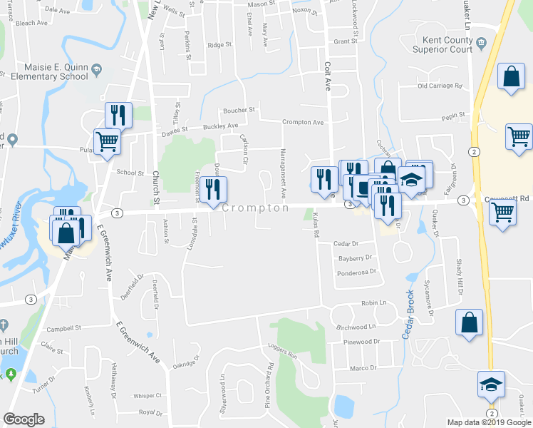 map of restaurants, bars, coffee shops, grocery stores, and more near 179 Cowesett Avenue in West Warwick
