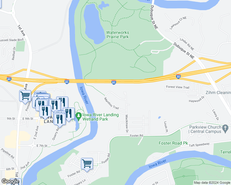 map of restaurants, bars, coffee shops, grocery stores, and more near 1065 Manitou Trail in Iowa City