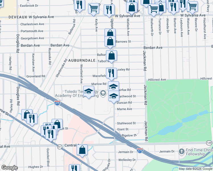 map of restaurants, bars, coffee shops, grocery stores, and more near 1928 Marlow Road in Toledo