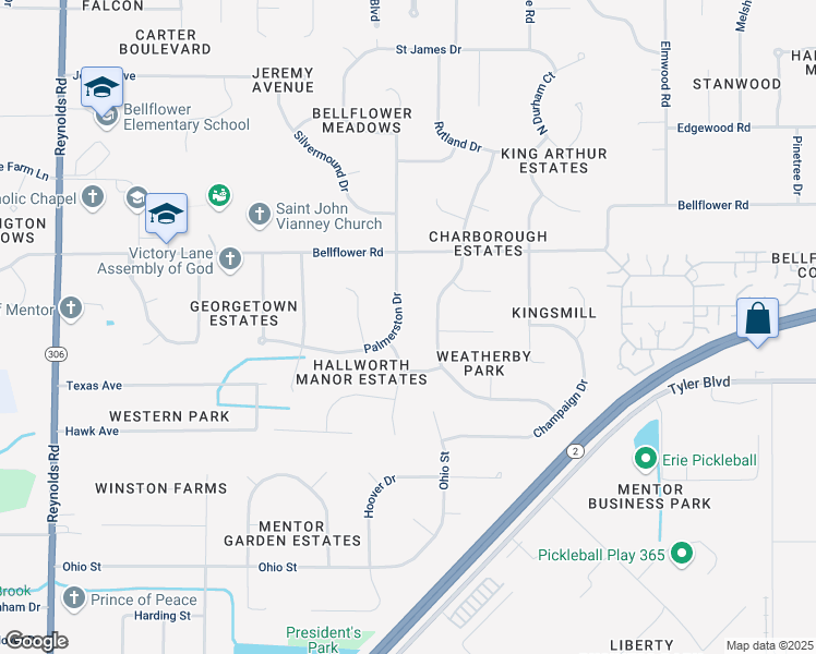 map of restaurants, bars, coffee shops, grocery stores, and more near 6813 Palmerston Drive in Mentor