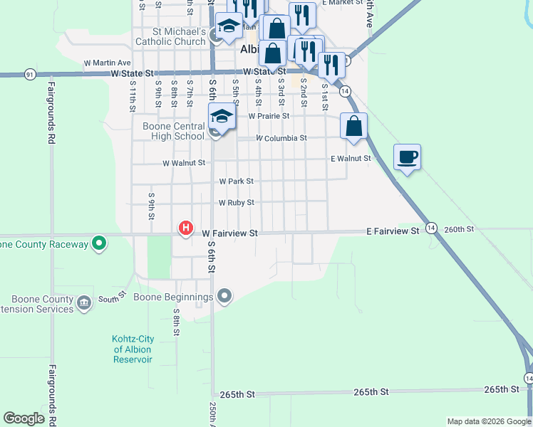 map of restaurants, bars, coffee shops, grocery stores, and more near 400-442 West Ruby Street in Albion