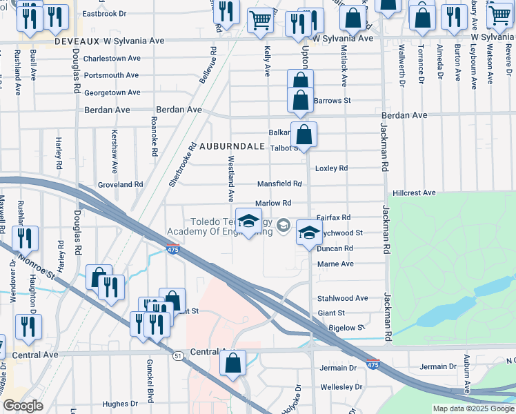 map of restaurants, bars, coffee shops, grocery stores, and more near 2021 Marlow Road in Toledo