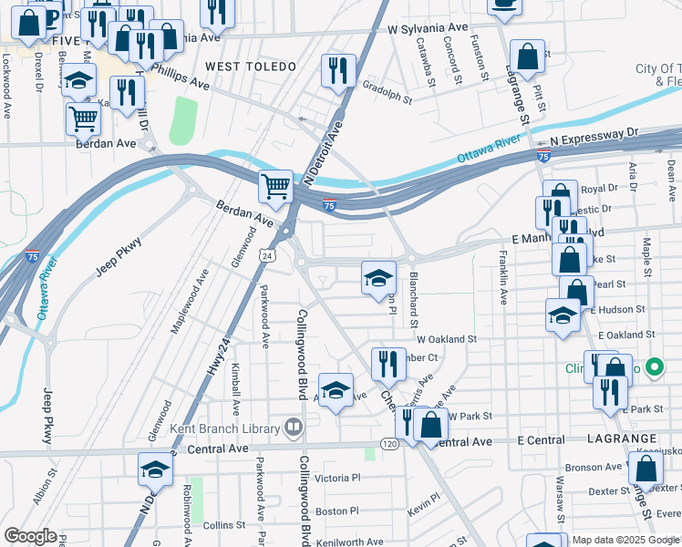 map of restaurants, bars, coffee shops, grocery stores, and more near 416 West Manhattan Boulevard in Toledo