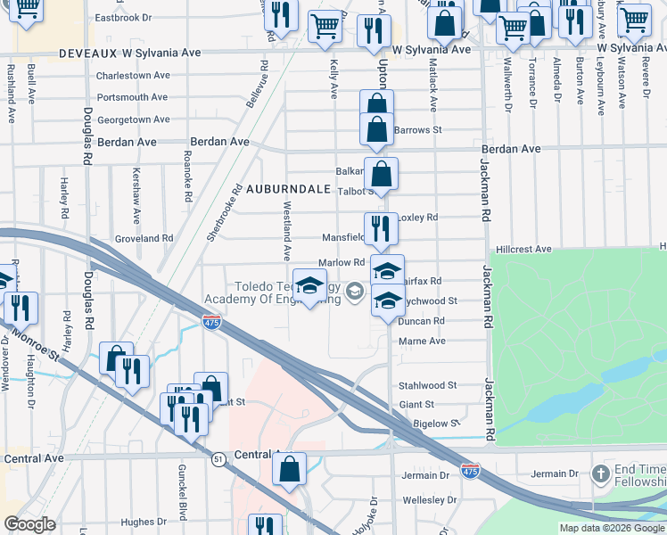 map of restaurants, bars, coffee shops, grocery stores, and more near 3513 Kelley Avenue in Toledo