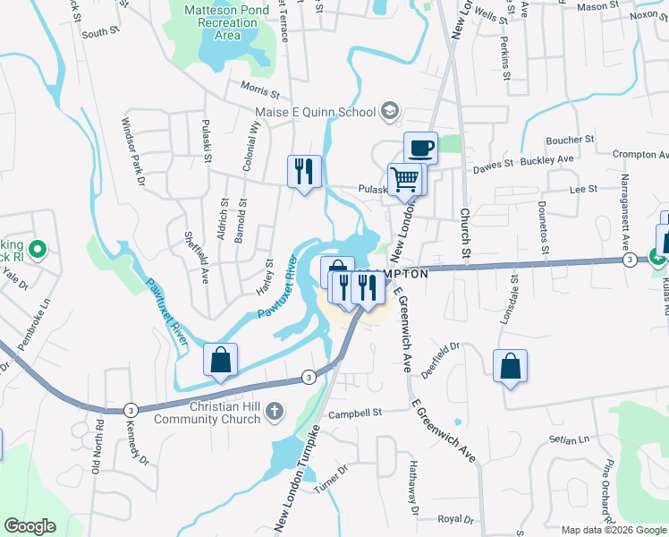 map of restaurants, bars, coffee shops, grocery stores, and more near 1735 Main Street in West Warwick