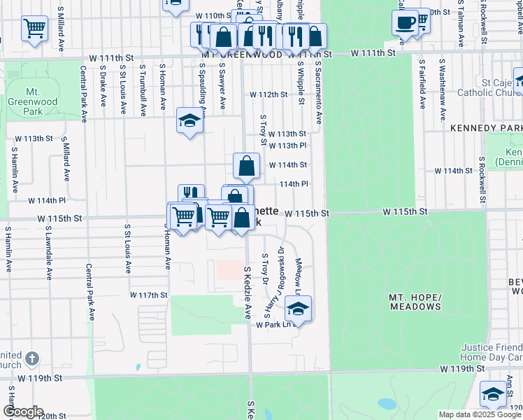map of restaurants, bars, coffee shops, grocery stores, and more near 11450 Troy Avenue in Alsip