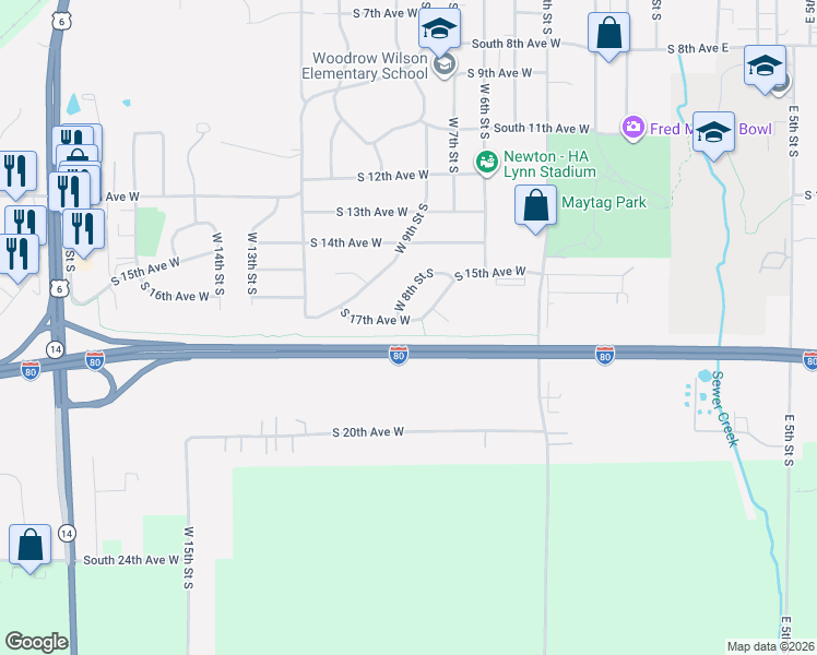map of restaurants, bars, coffee shops, grocery stores, and more near 1615 West 7th Street South in Newton