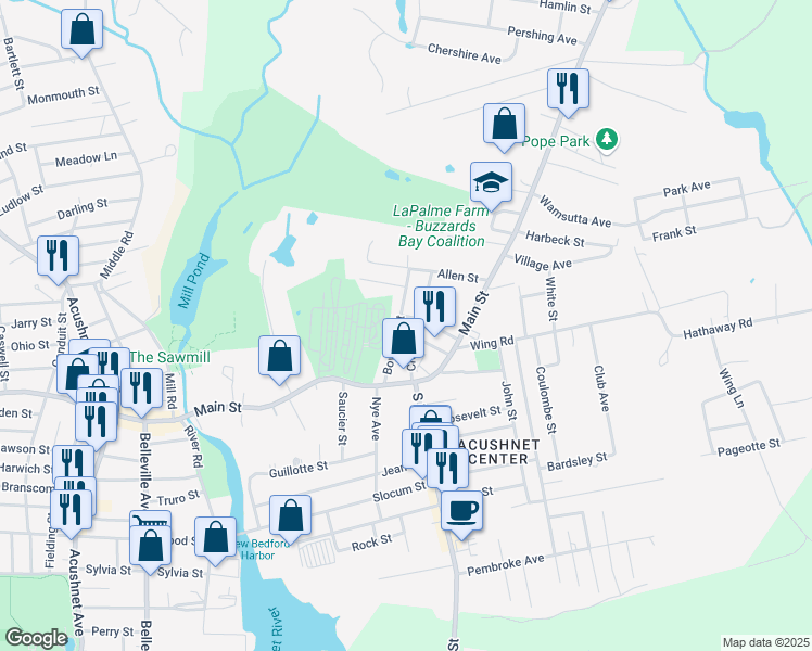 map of restaurants, bars, coffee shops, grocery stores, and more near 41 Boylston Street in Acushnet