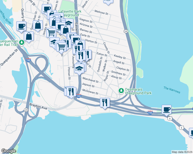 map of restaurants, bars, coffee shops, grocery stores, and more near 6 Hirst Street in Fall River