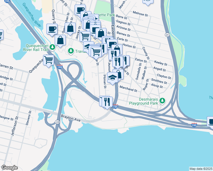 map of restaurants, bars, coffee shops, grocery stores, and more near 180 Pitman Street in Fall River