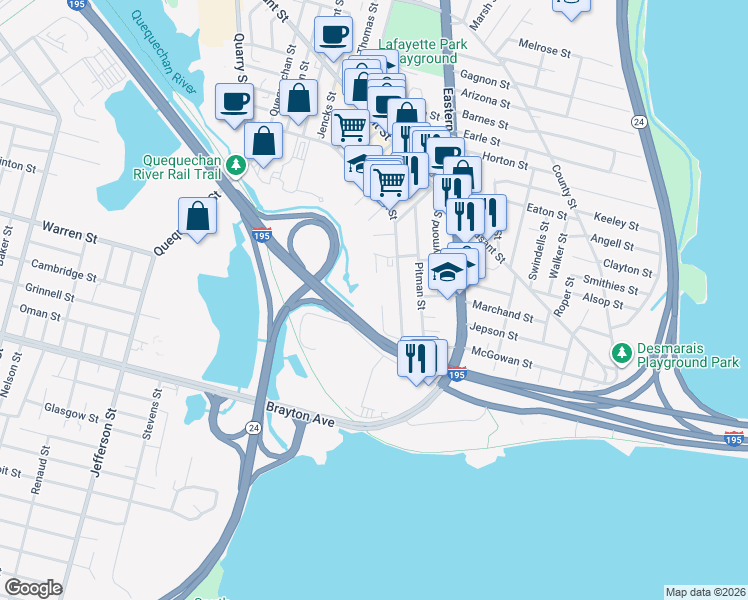 map of restaurants, bars, coffee shops, grocery stores, and more near 507 Alden Street in Fall River