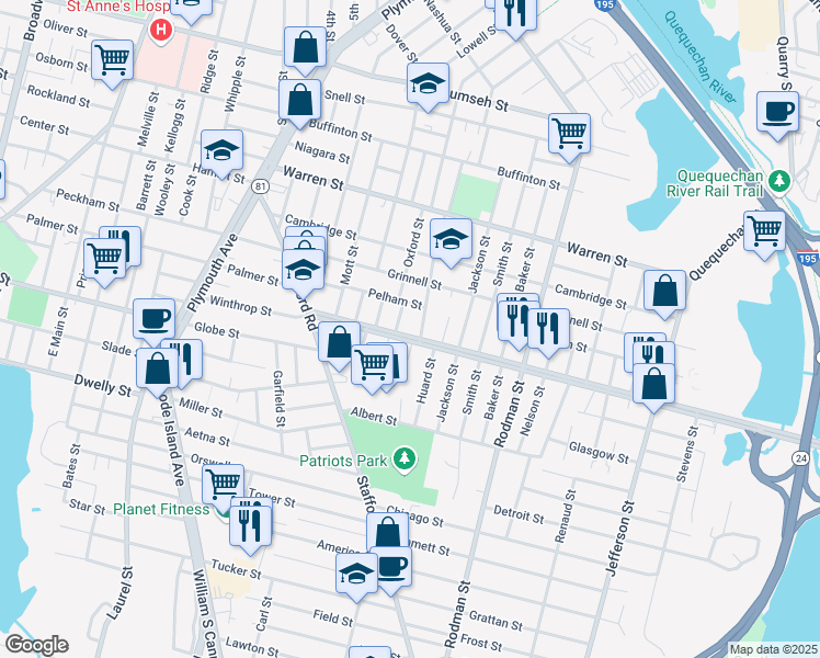 map of restaurants, bars, coffee shops, grocery stores, and more near 223 Lapham Street in Fall River