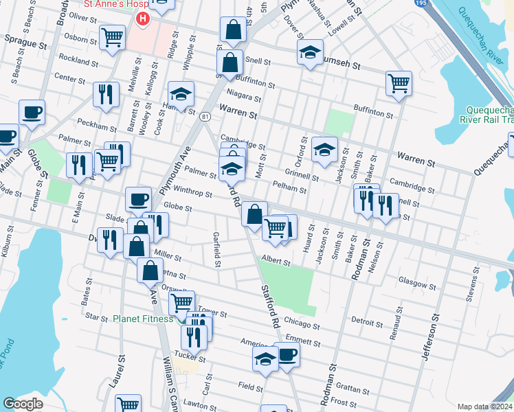 map of restaurants, bars, coffee shops, grocery stores, and more near 91 Pelham Street in Fall River