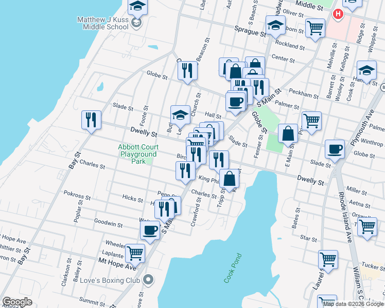 map of restaurants, bars, coffee shops, grocery stores, and more near 587 Dwelly Street in Fall River