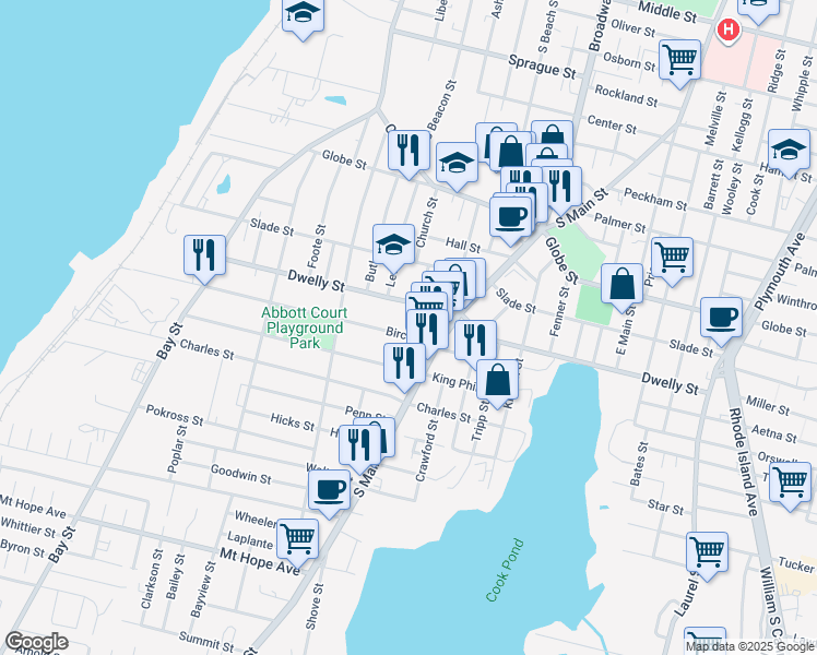 map of restaurants, bars, coffee shops, grocery stores, and more near 587 Dwelly Street in Fall River