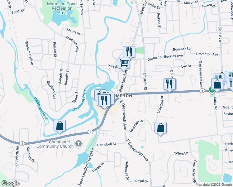 map of restaurants, bars, coffee shops, grocery stores, and more near 81 Manchester Street in West Warwick