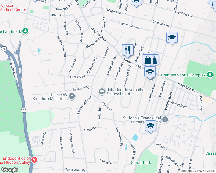 map of restaurants, bars, coffee shops, grocery stores, and more near 39 North Randolph Avenue in Poughkeepsie