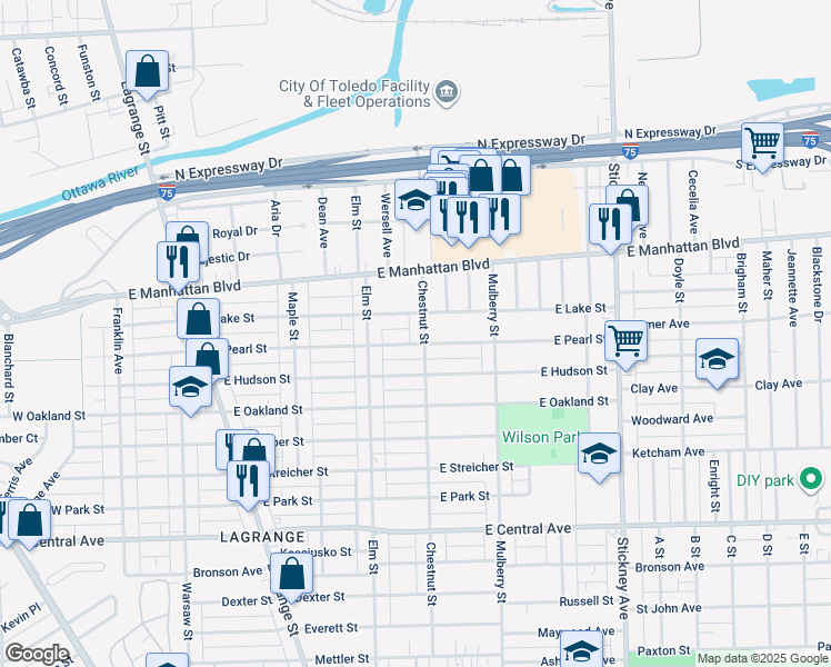 map of restaurants, bars, coffee shops, grocery stores, and more near 432 East Lake Street in Toledo
