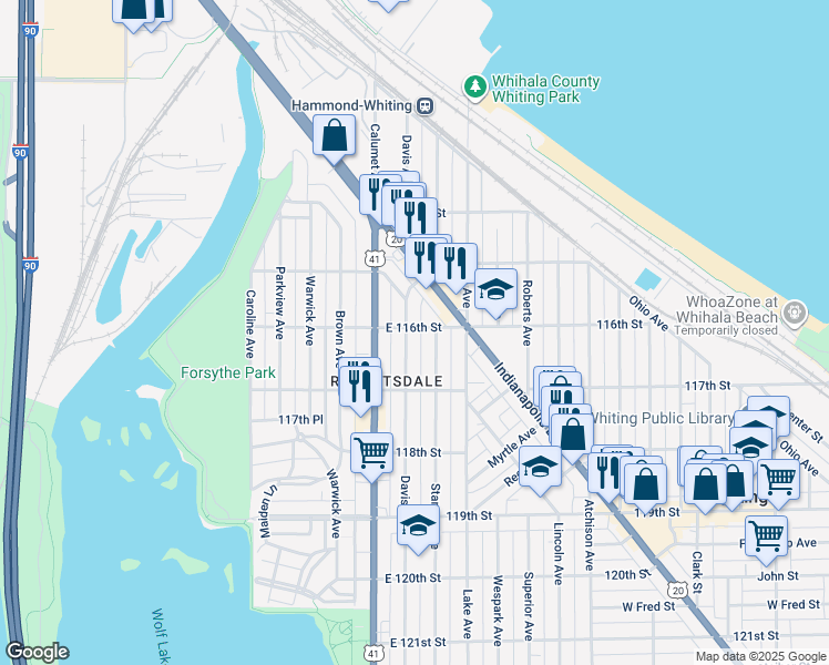 map of restaurants, bars, coffee shops, grocery stores, and more near 1537 Davis Avenue in Whiting