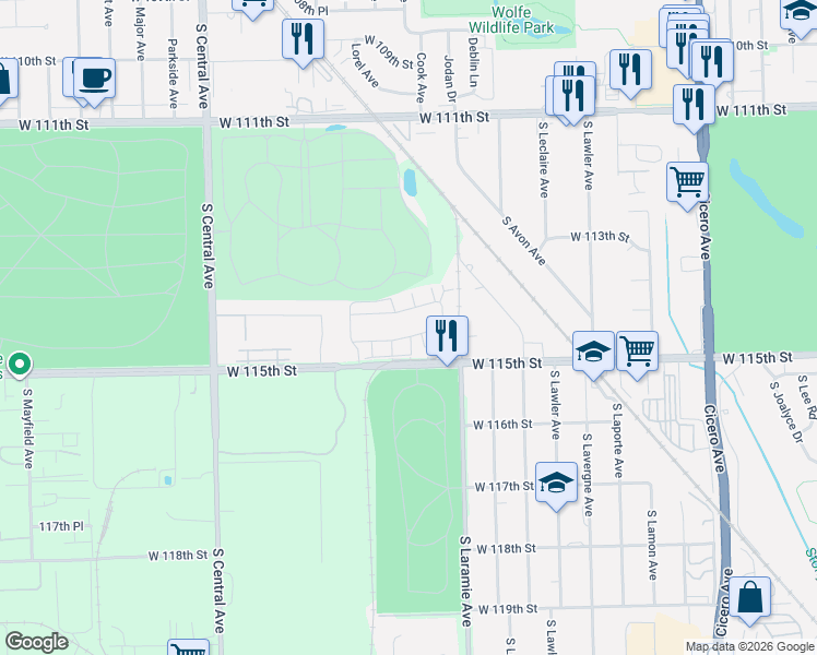 map of restaurants, bars, coffee shops, grocery stores, and more near 5304 Dixie Drive in Alsip