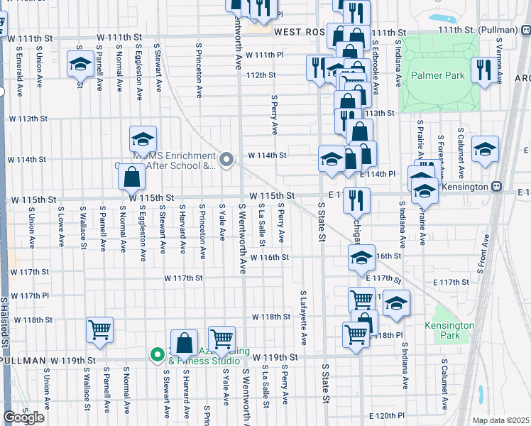 map of restaurants, bars, coffee shops, grocery stores, and more near 11527 South La Salle Street in Chicago