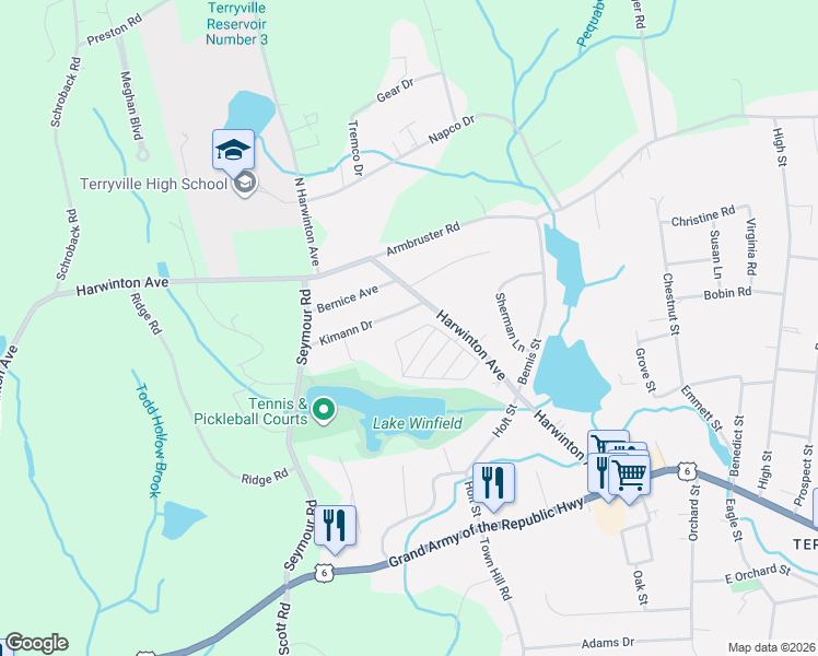 map of restaurants, bars, coffee shops, grocery stores, and more near 16 North Lakeside Drive in Plymouth