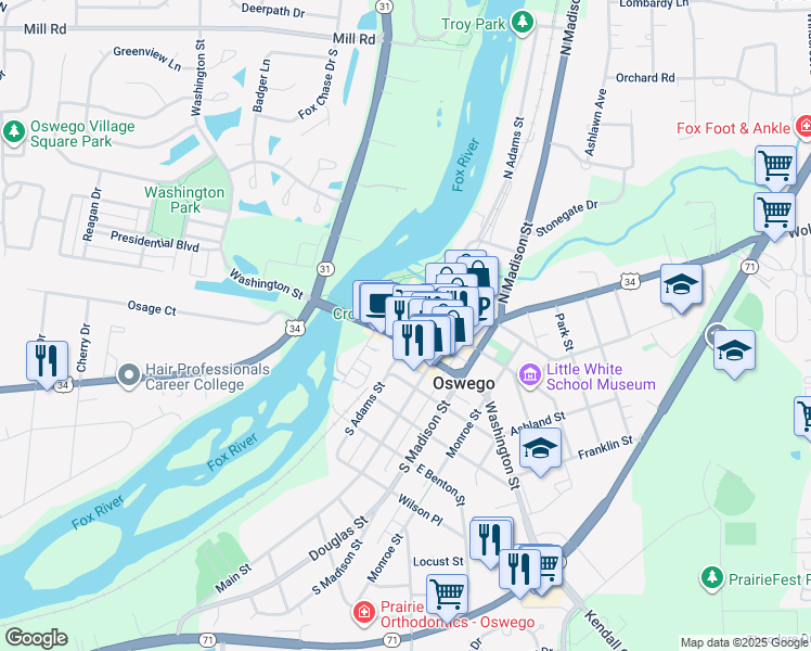 map of restaurants, bars, coffee shops, grocery stores, and more near 65 South Harrison Street in Oswego