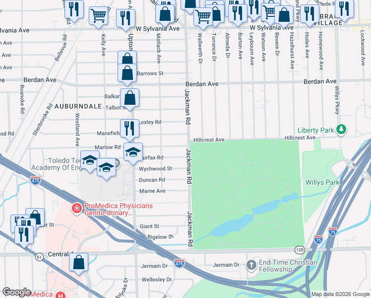 map of restaurants, bars, coffee shops, grocery stores, and more near 3501 Jackman Road in Toledo