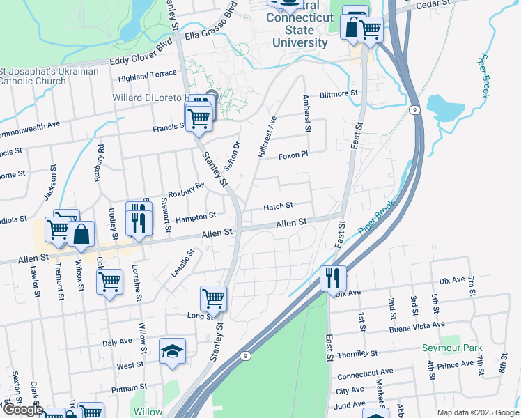 map of restaurants, bars, coffee shops, grocery stores, and more near 25 Hatch Street in New Britain