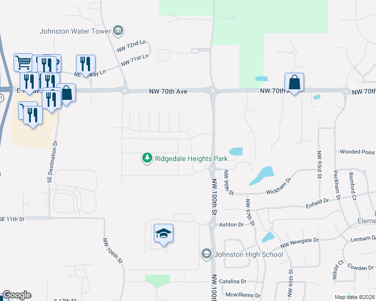 map of restaurants, bars, coffee shops, grocery stores, and more near 6908 Northwest 100th Street in Johnston