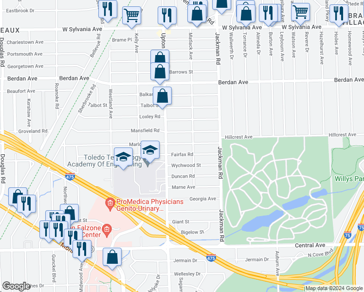 map of restaurants, bars, coffee shops, grocery stores, and more near 1823 Marlow Road in Toledo