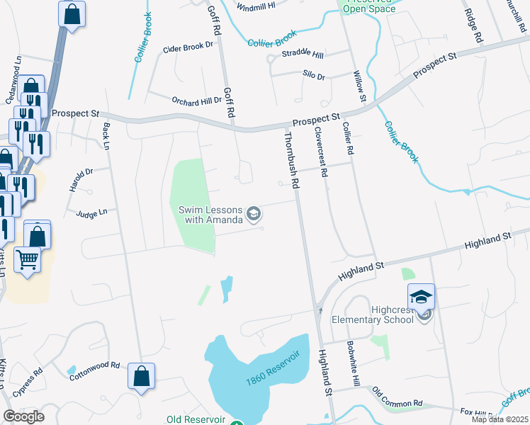 map of restaurants, bars, coffee shops, grocery stores, and more near 25 Baneberry Lane in Wethersfield