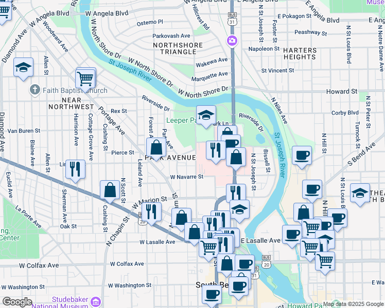 map of restaurants, bars, coffee shops, grocery stores, and more near 311 Lamonte Terrace in South Bend