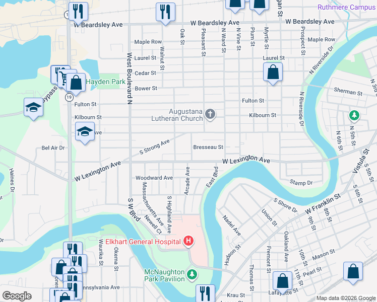 map of restaurants, bars, coffee shops, grocery stores, and more near 105 North Drive in Elkhart