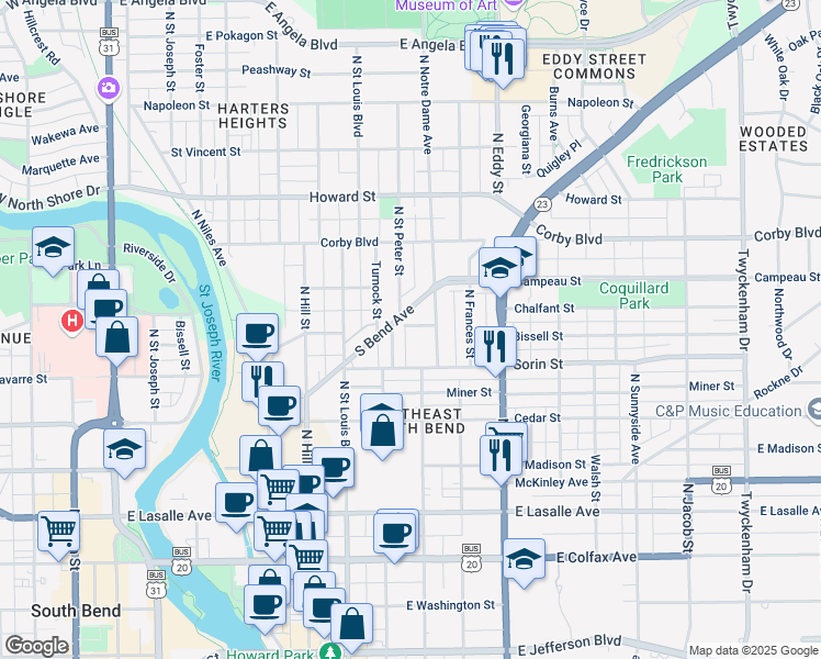 map of restaurants, bars, coffee shops, grocery stores, and more near 816 Almond Court in South Bend