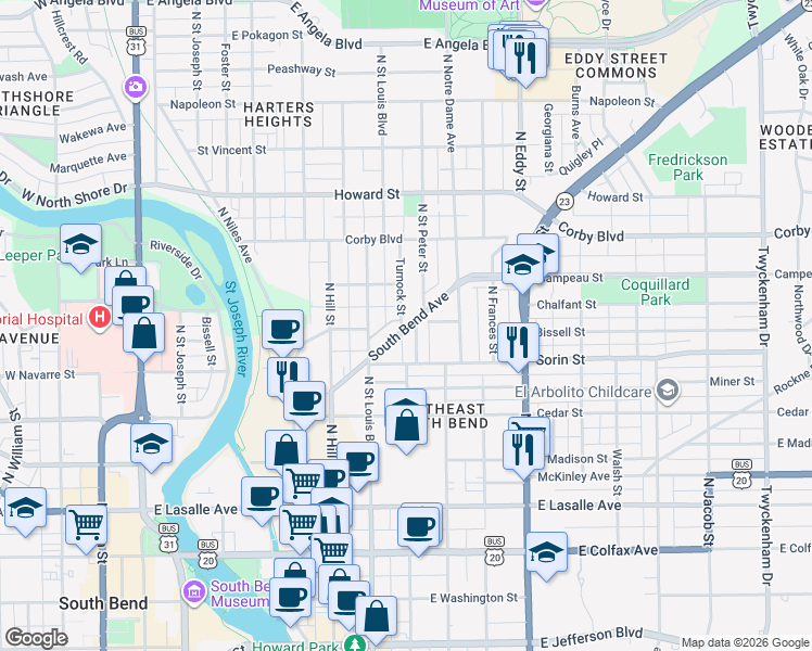 map of restaurants, bars, coffee shops, grocery stores, and more near 753 South Bend Avenue in South Bend