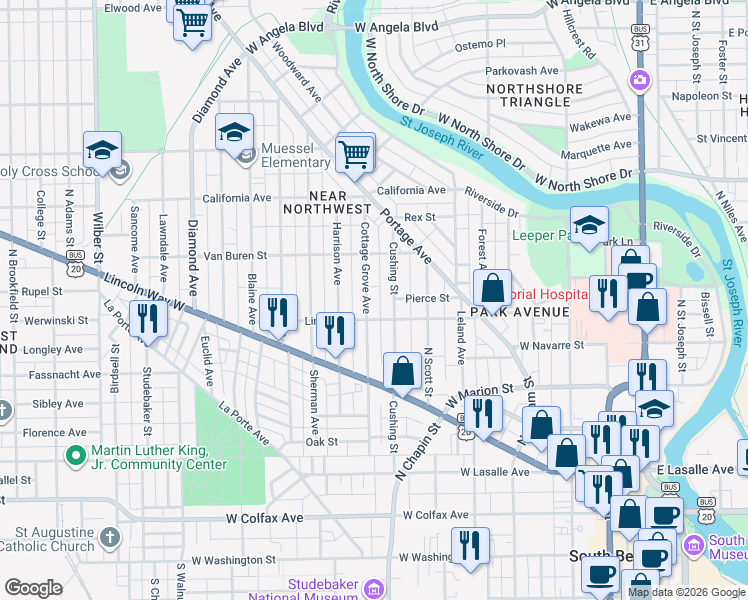 map of restaurants, bars, coffee shops, grocery stores, and more near 730 Cottage Grove Avenue in South Bend
